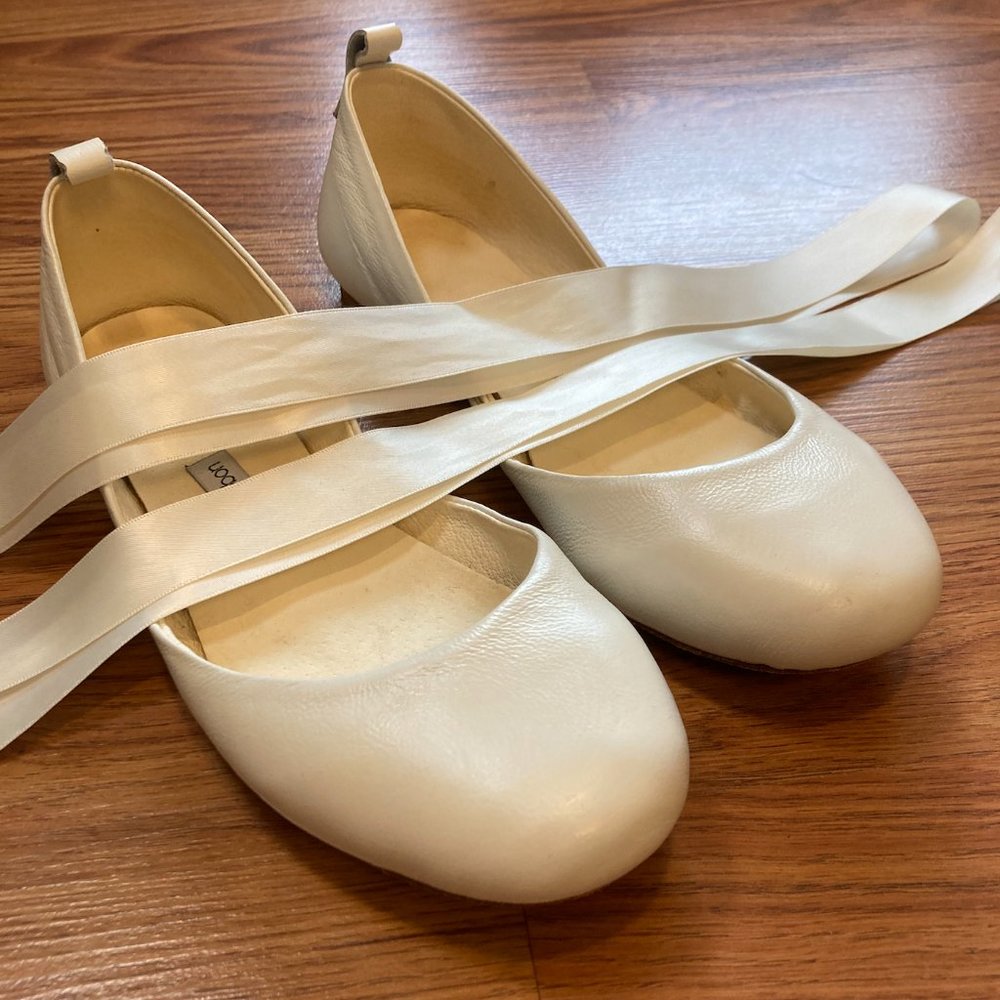 Ballet Flats Leather Ivory Straps & Satin Ribbon